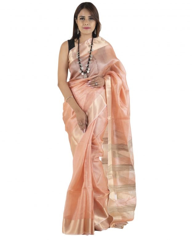 Peach Zari Net Tassar Silk Saree