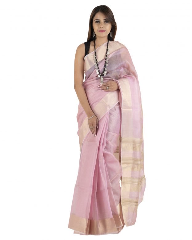 Pink Zari Net Tassar Silk Saree