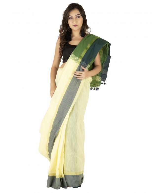 Handloom Plain Yellow & Black Cotton Saree
