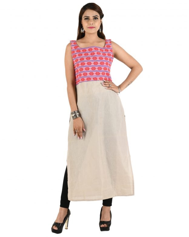 Beige Straight Cotton Long Kurta