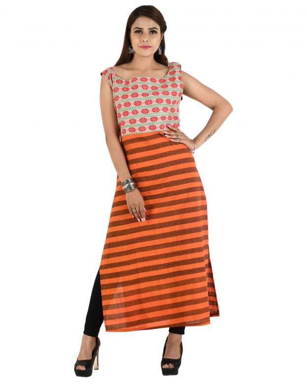Orange Straight Cotton Long Kurta