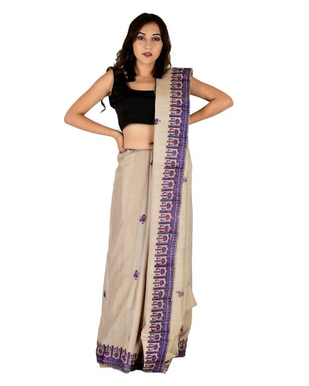 Plain Blue & Beige Tassar Silk Saree