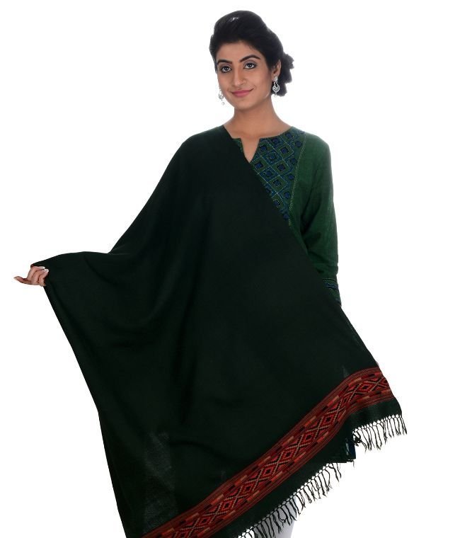 Handwoven Green Shawl With Kullu Pattern Border