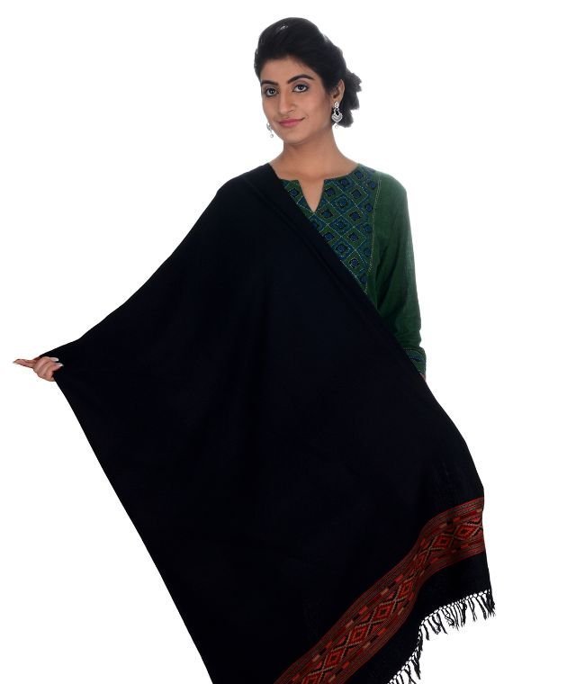 Handwoven Black Shawl With Kullu Pattern Border