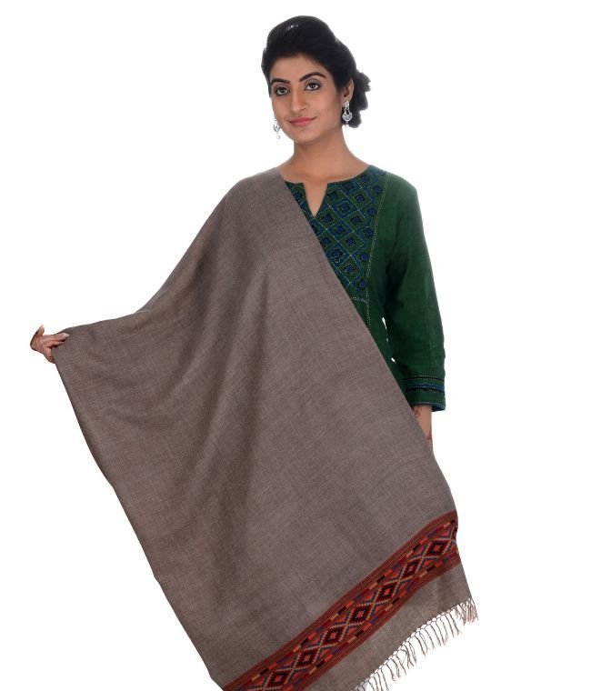 Handwoven Grey Shawl With Kullu Pattern Border