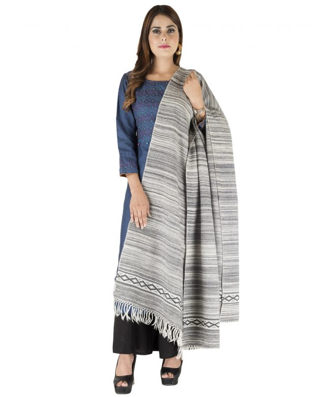 Black & White Yak Wool Line Border Shawl