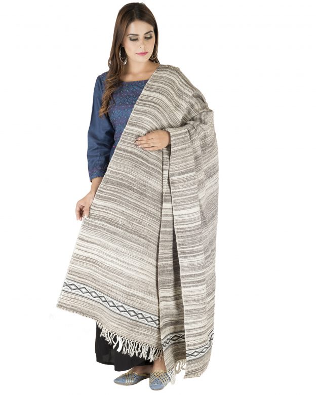 Grey & White Yak Wool Line Border Shawl