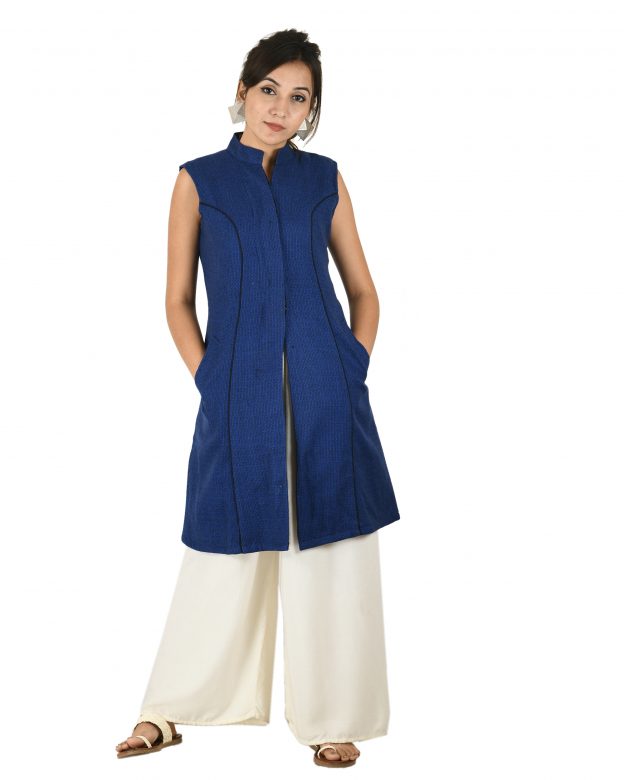 Handwoven Woolen Blue Half Piping Design Sleeveless Coat