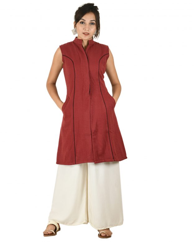 Handwoven Woolen Maroon Half Piping Design Sleeveless Coat