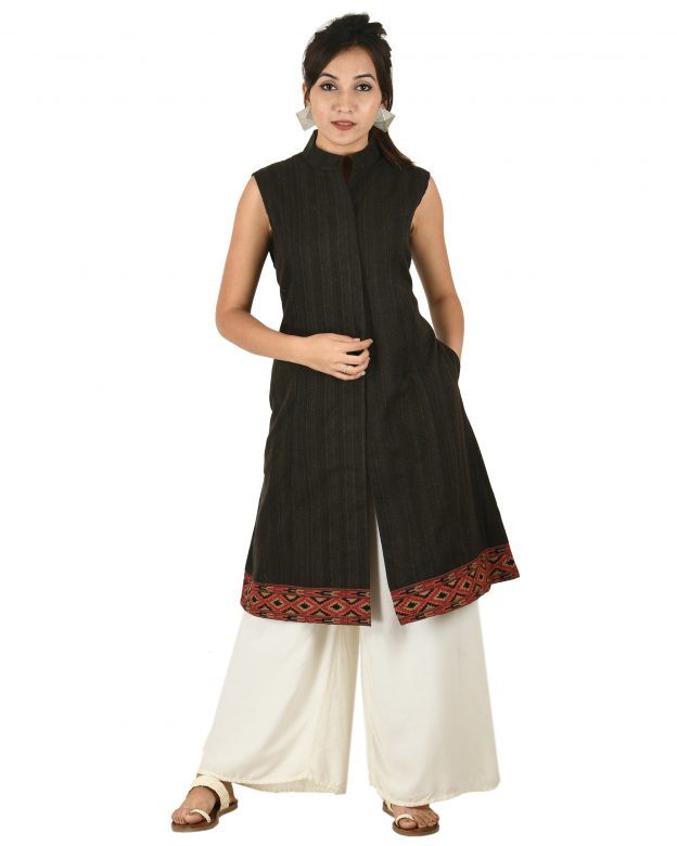 Handwoven Woolen Dark Green Half Piping Design Sleeveless Coat