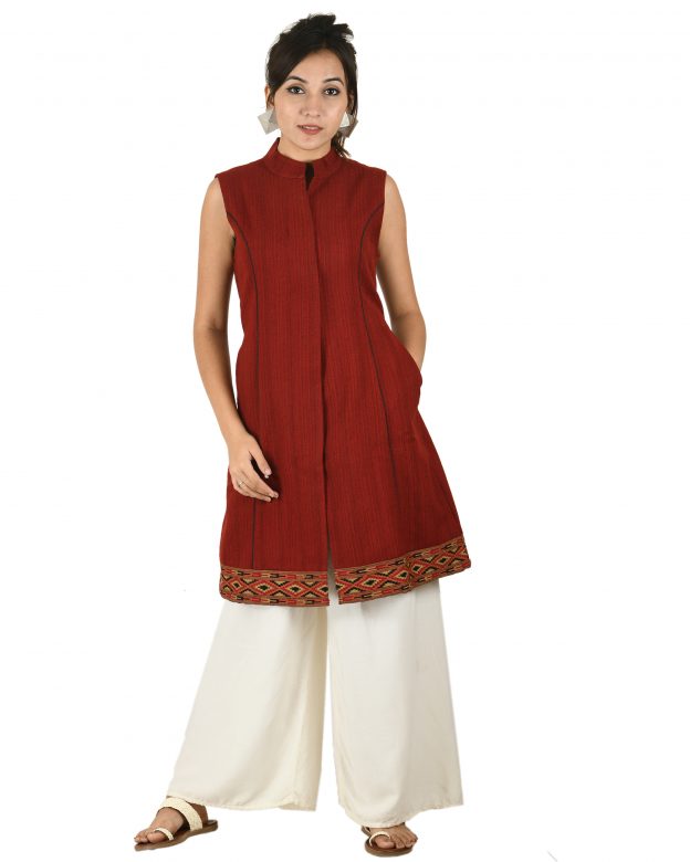 Handwoven Woolen Maroon Half Piping Design Sleeveless Coat