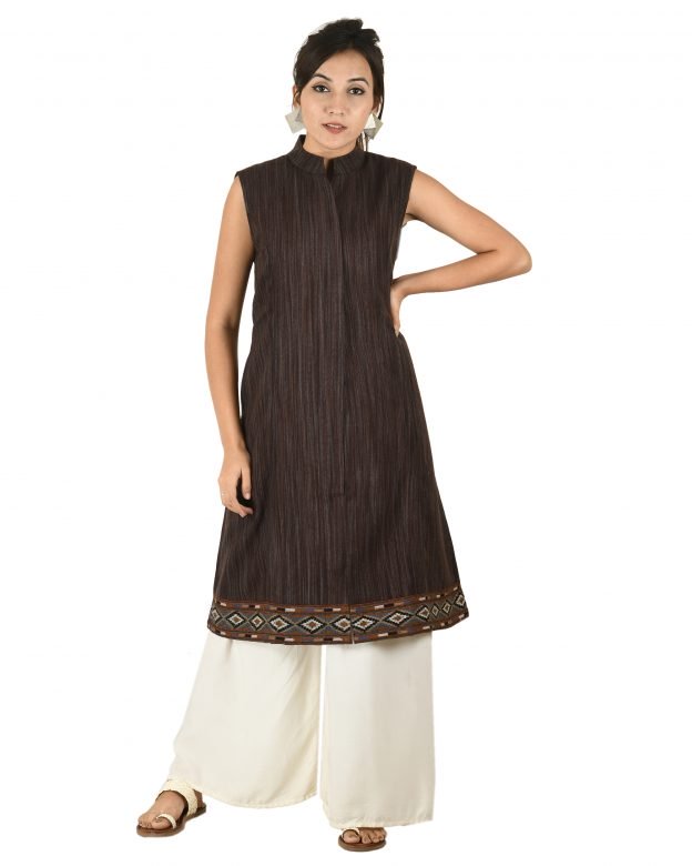 Handwoven Woolen Black Half Piping Design Sleeveless Coat