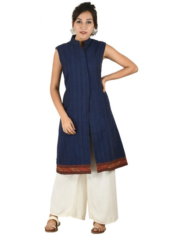 Handwoven Woolen Royal Blue Half Piping Design Sleeveless Coat