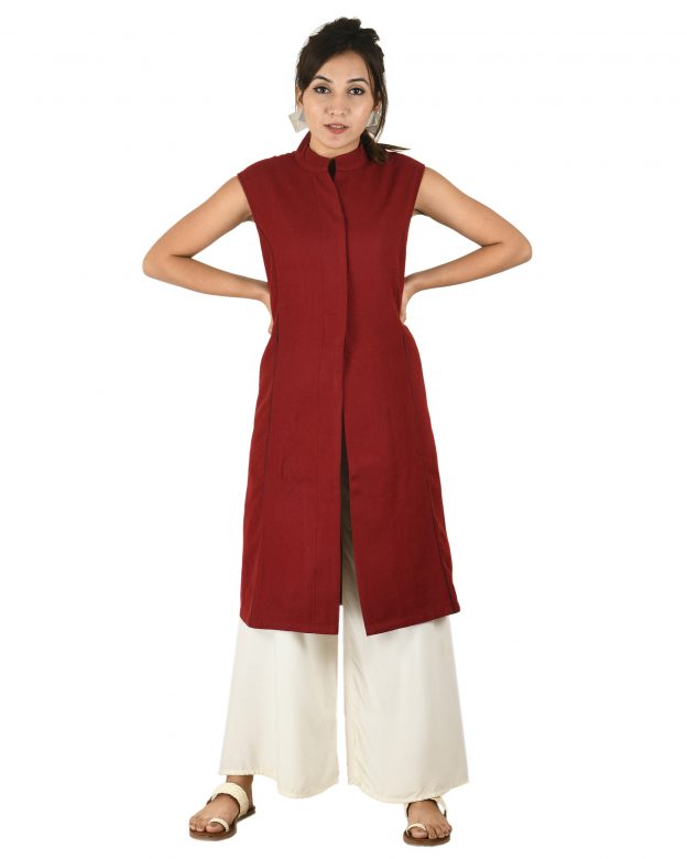 Handwoven Woolen Maroon Half Piping Design Sleeveless Coat