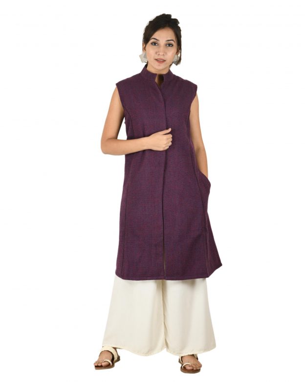 Handwoven Woolen Purple Half Piping Design Sleeveless Coat