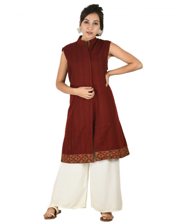 Handwoven Woolen Brown Half Piping Design Sleeveless Coat