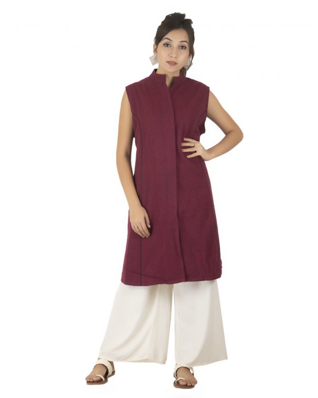 Handwoven Woolen Maroon Half Piping Design Sleeveless Coat