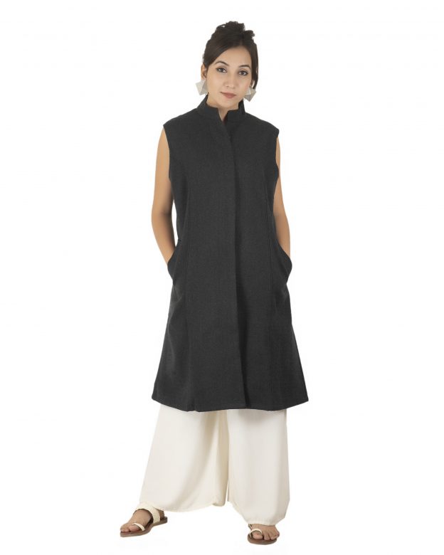 Handwoven Woolen Grey Half Piping Design Sleeveless Coat
