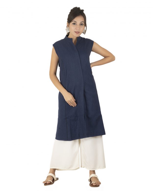 Handwoven Woolen Navy Blue Half Piping Design Sleeveless Coat