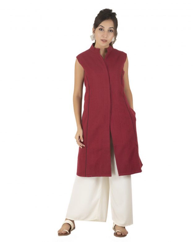 Handwoven Woolen Maroon Half Piping Design Sleeveless Coat