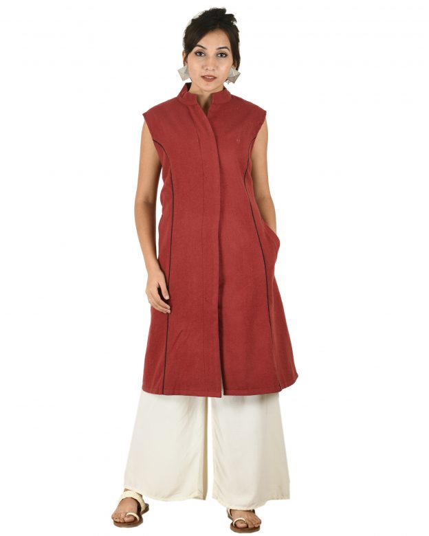 Handwoven Woolen Brown Half Piping Design Sleeveless Coat