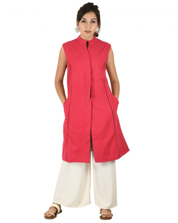 Handwoven Woolen Red Half Piping Design Sleeveless Coat