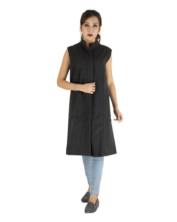 Black Woolen Buttoned Sleeveless Knee Long Regular Fit Coat