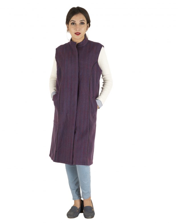 Purple Woolen Buttoned Sleeveless Knee Long Regular Fit Coat