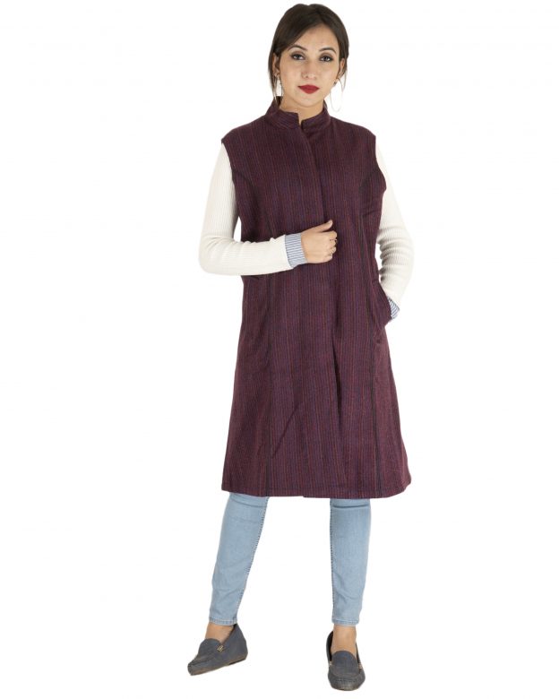 Purple Woolen Buttoned Sleeveless Knee Long Regular Fit Coat