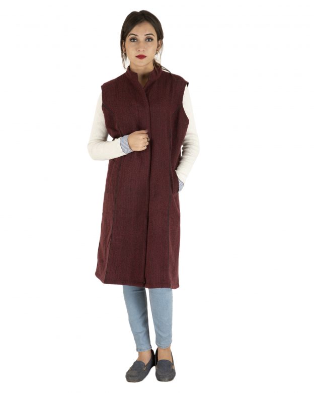 Red Woolen Buttoned Sleeveless Knee Long Regular Fit Coat