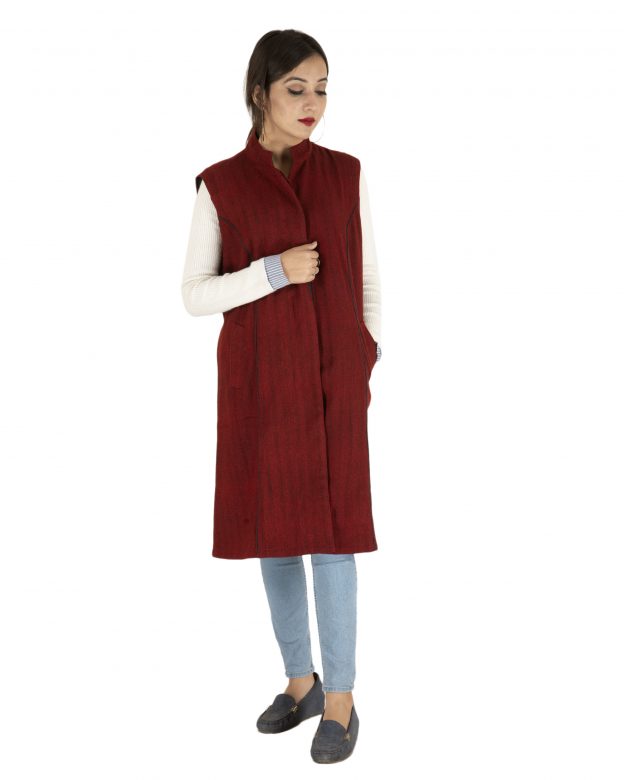 Brown Woolen Buttoned Sleeveless Knee Long Regular Fit Coat