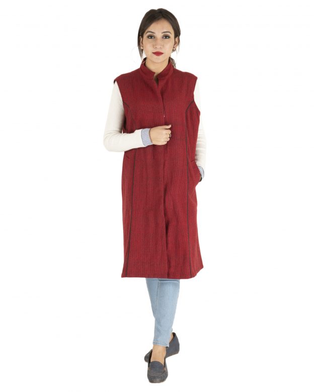 Red Woolen Buttoned Sleeveless Knee Long Regular Fit Coat