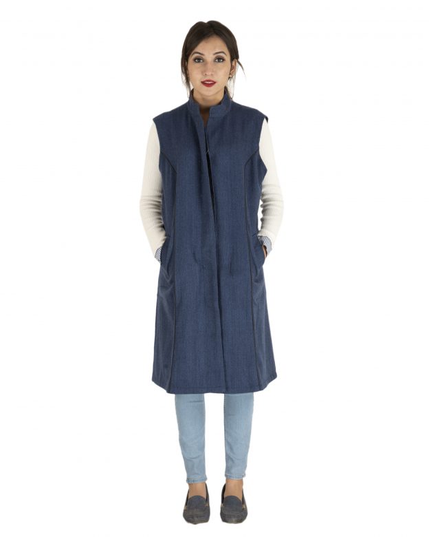 Blue Woolen Buttoned Sleeveless Knee Long Regular Fit Coat