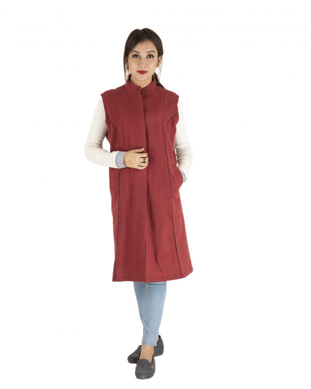Tribes India Woolen Buttoned Sleeveless Knee Long Regular Fit Coat Red