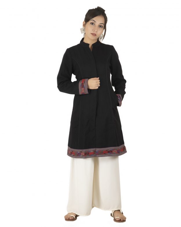 Handwoven Woolen Black Long Piping Regular Fit Long Sleeve Coat