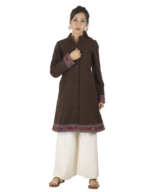 Handwoven Woolen Brown Long Piping Regular Fit Long Sleeve Coat