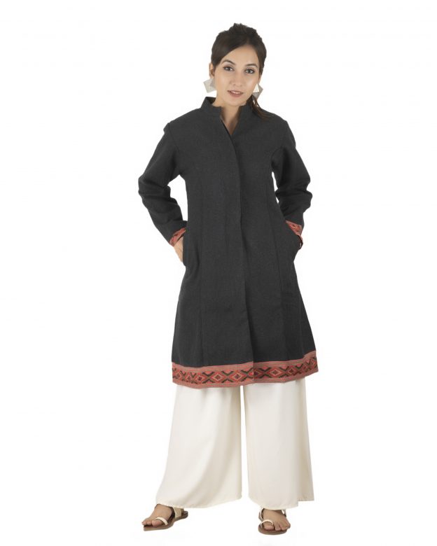 Handwoven Woolen Grey Long Piping Regular Fit Long Sleeve Coat