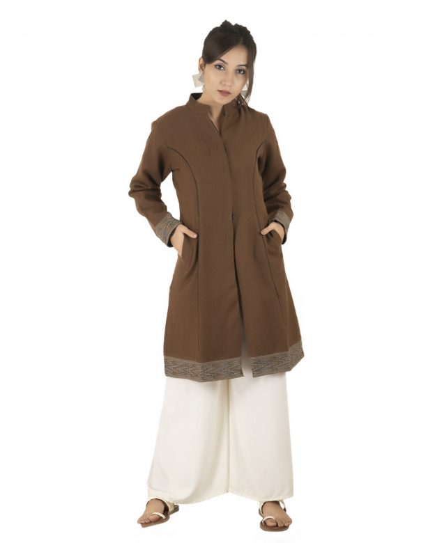 Handwoven Woolen Brown Long Piping Regular Fit Long Sleeve Coat