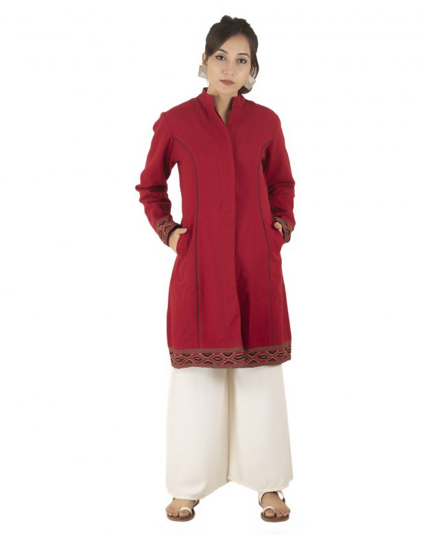 Handwoven Woolen Maroon Long Piping Regular Fit Long Sleeve Coat