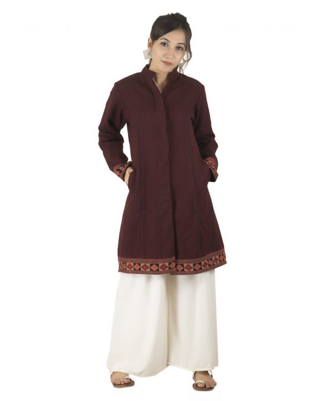 Handwoven Woolen Black & Red Long Piping Regular Fit Long Sleeve Coat