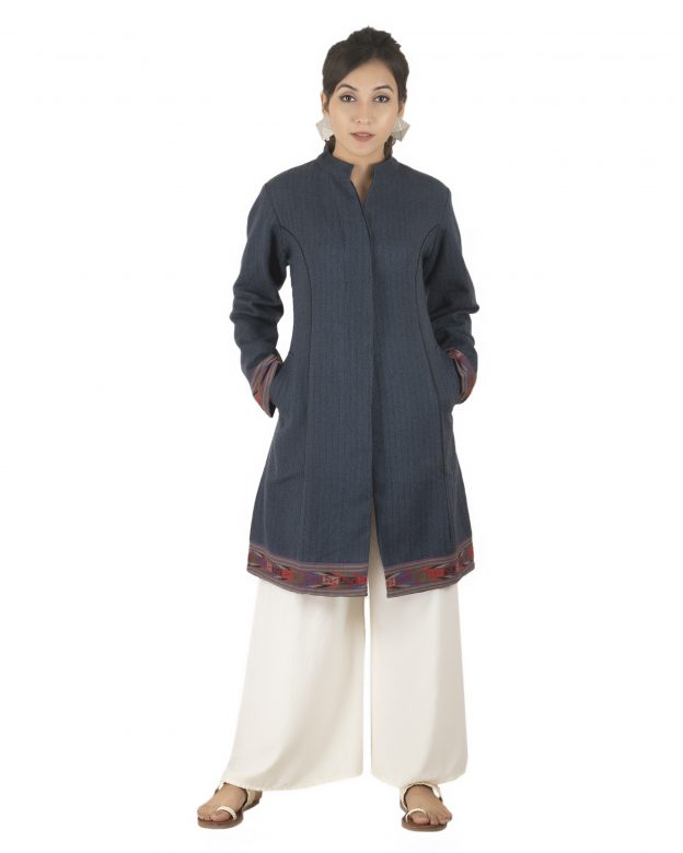 Handwoven Woolen Grey Long Piping Regular Fit Long Sleeve Coat