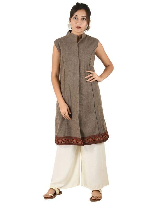 Handwoven Woolen Brown Half Piping Design Sleeveless Coat