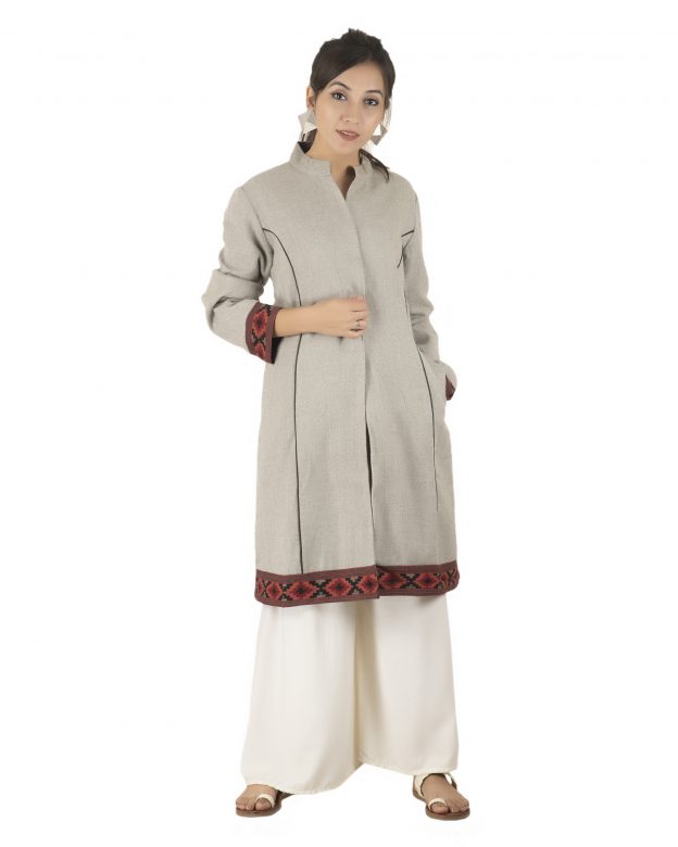 Handwoven Woolen Grey Half Piping Design Sleeveless Coat