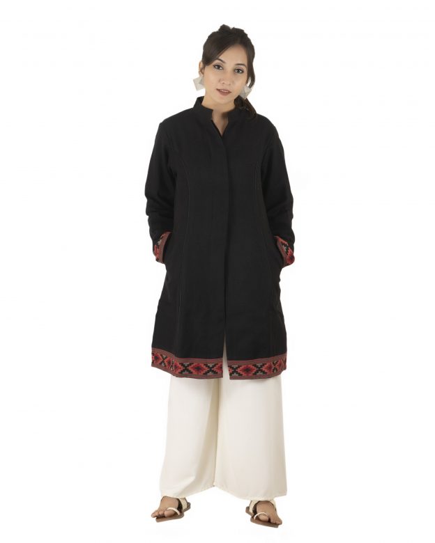 Handwoven Woolen Black Long Piping Regular Fit Long Sleeve Coat