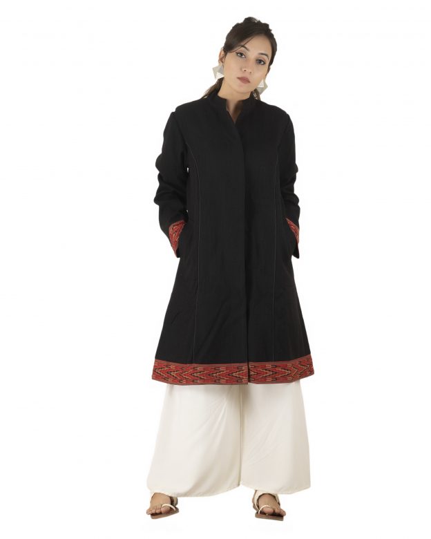 Handwoven Woolen Black Long Piping Regular Fit Long Sleeve Coat