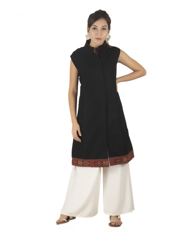Handwoven Woolen Black Half Piping Design Sleeveless Coat