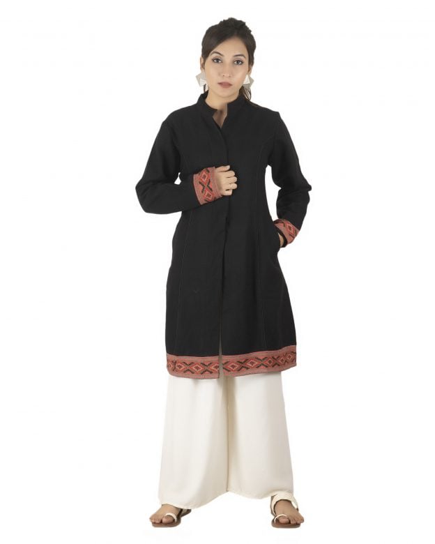 Handwoven Woolen Black Long Piping Regular Fit Long Sleeve Coat