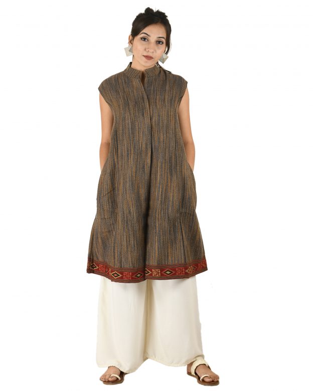 Handwoven Woolen Brown Half Piping Design Sleeveless Coat