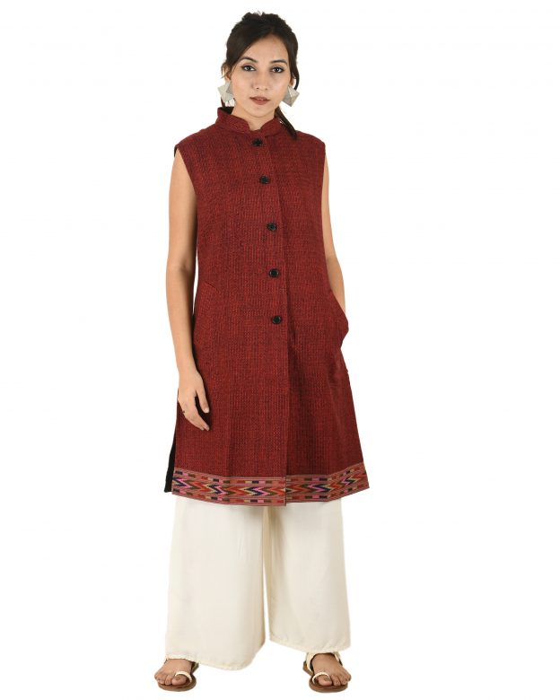 Handwoven Woolen Brown Half Piping Design Sleeveless Coat