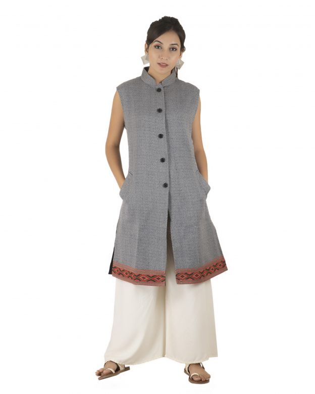 Handwoven Woolen Grey Half Piping Design Sleeveless Coat